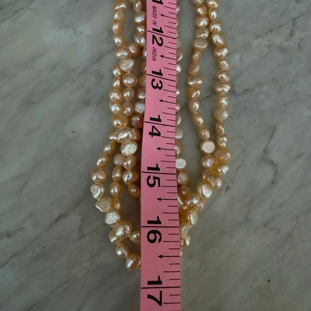 Vintage Freshwater Peach  Pearl Triple Strand Necklace Sterling Silver 925 clasp
